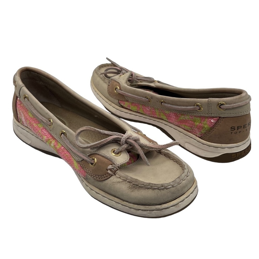 Sperry Angelfish Pink Tan Sequin Boat Shoe Loafers Size 8 Women's